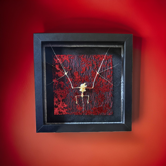 Mezmerizing Gothic Bat Skeleton in 8”x8” Shadowbox on Metallic, Glittery Background. Taxidermy, Goth, Gothic, Dark Aesthetic