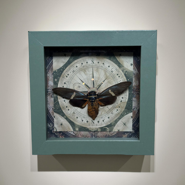 5"x5" Shadowbox Black and Orange Cicada in  on Celestial Compass Background with Holographic Moon accents- entomology, insect, bug, gothic, curiosities